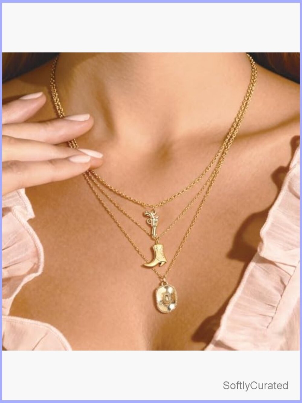 Layered Cowgirl Boot Pistol Pendant Necklace Set 3 Chains - Picture 2 of 7